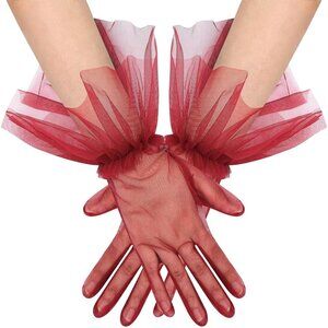 Women's Short Burgundy Tulle Mesh Puffy Ruffle Gloves Wedding Party Prom Costume